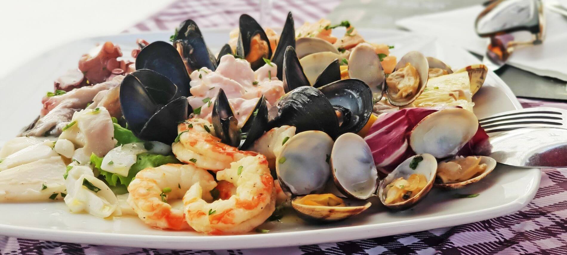 white plate of seafood